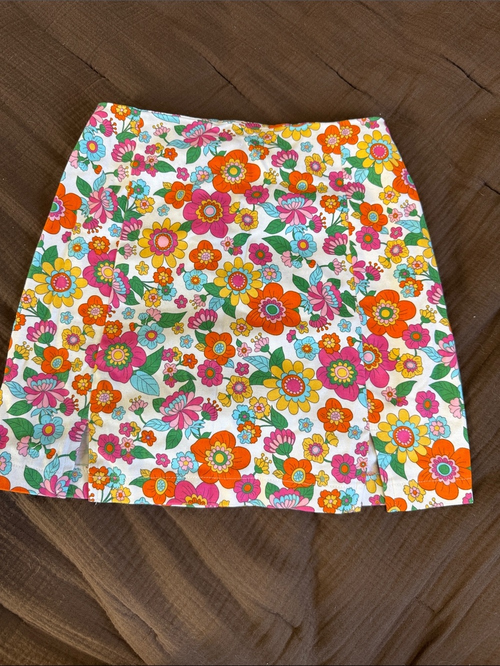 love on a hanger White Floral Mini Skirt with Pink, Orange, Yellow & Green